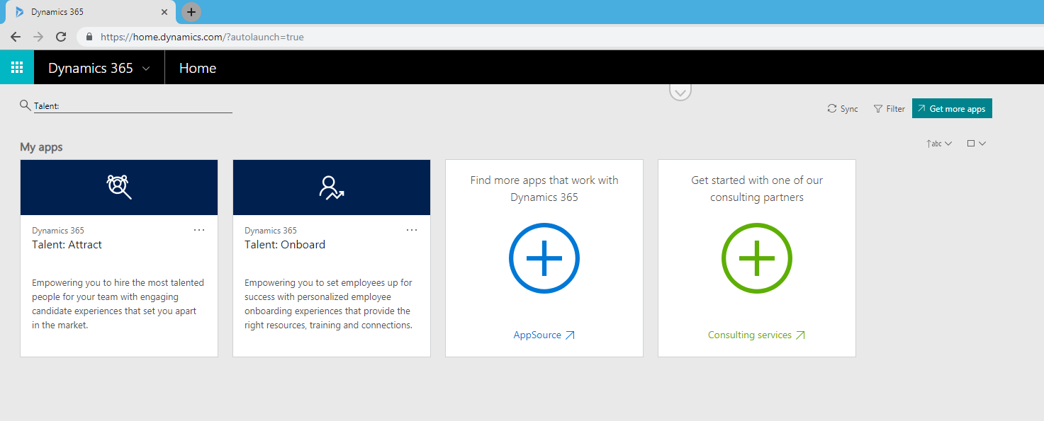 Finding the Talent application on the Dynamics homepage