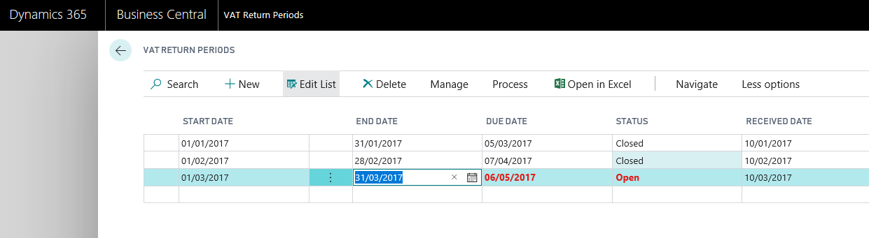 Dynamics 365 Business Central Making Tax Digital VAT Return Periods