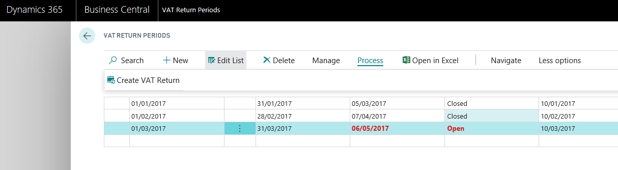 Creating VAT returns based on VAT obligations - When creating a new VAT return, you will not need to enter any dates. This is because the start/end dates of your VAT obligations are already stored, allowing for a one-click creation of a VAT return.