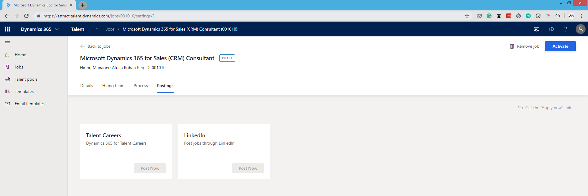 Posting the job ad in Dynamics 365 for Talent