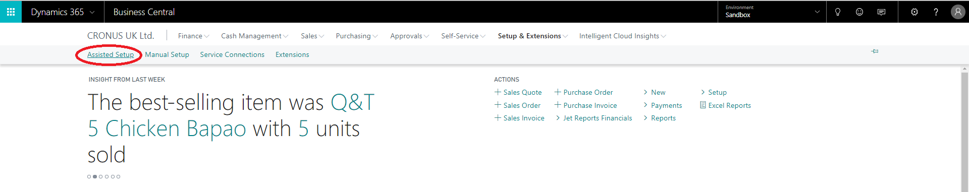 Finding the assisted setup menu in Microsoft Dynamics 365 Business Central;