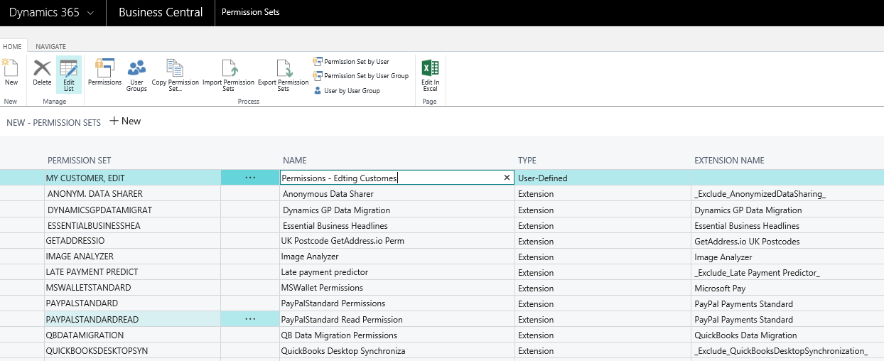 Permission sets which can be changed in Microsoft Dynamics 365 Business Central