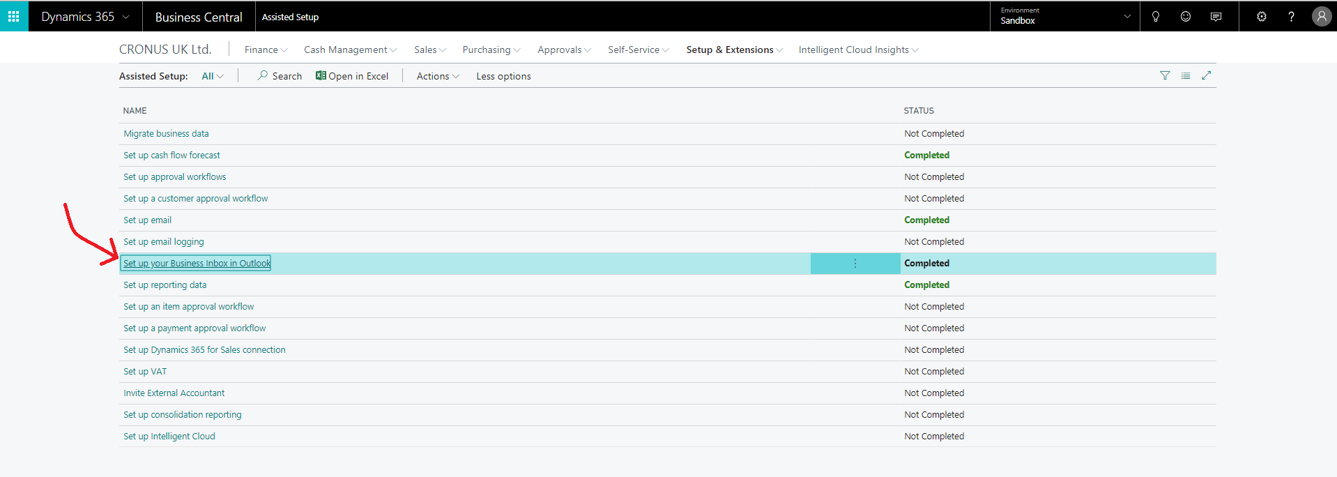 Navigating to set up business inbox in Microsoft Dynamics 365 Business Central