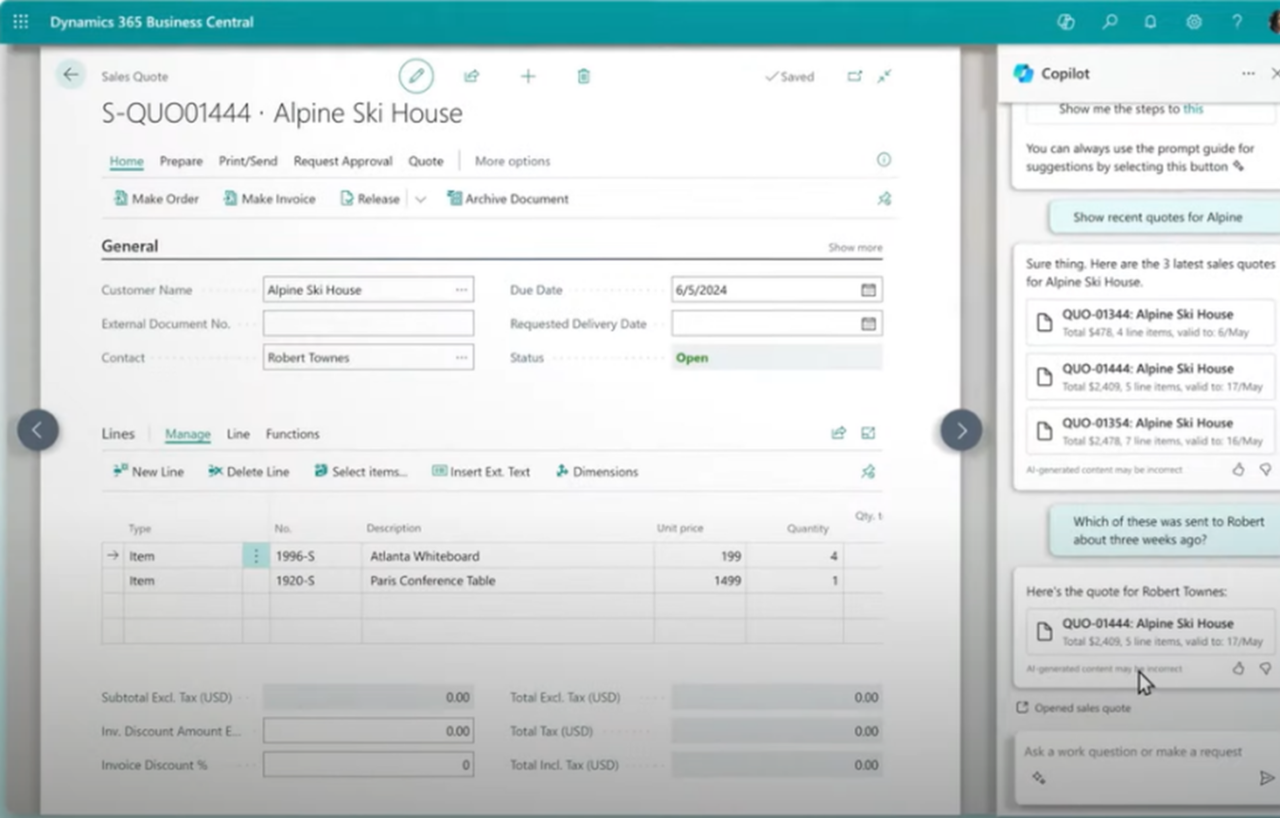 Chat with Copilot in Microsoft Dynamics 365 Business Central