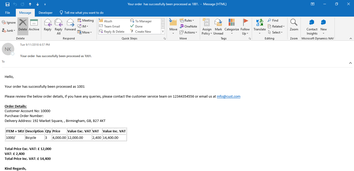 email notification showing that order has been processed in NAV