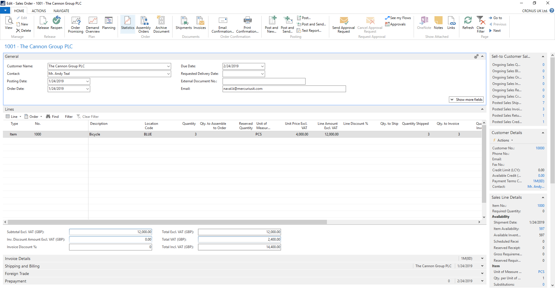 Microsoft Dynamics NAV screen of sales order