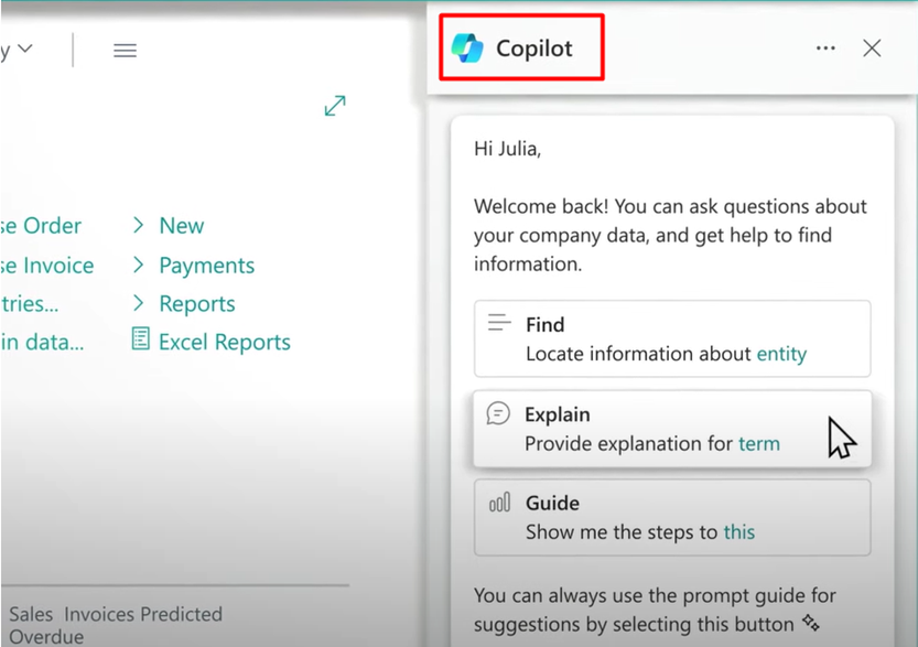 copilot interface within Business Central