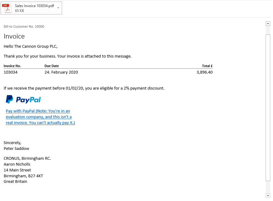 Image of a sales invoice email which is sent to customer, containing PayPal link