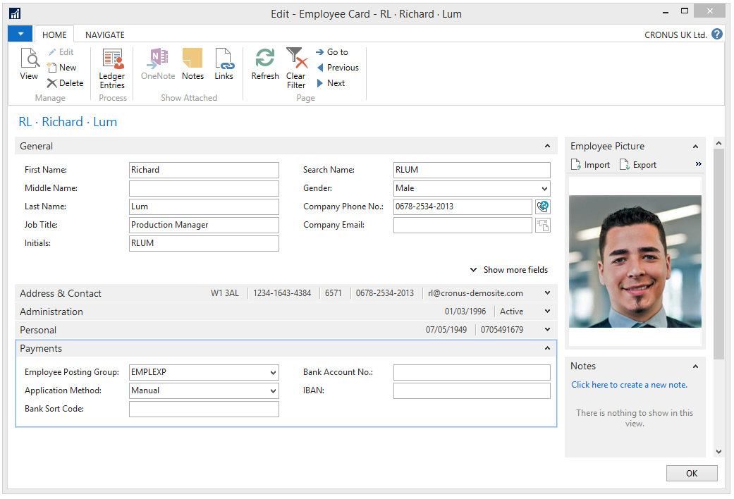 Employee card in Microsoft Dynamics NAV