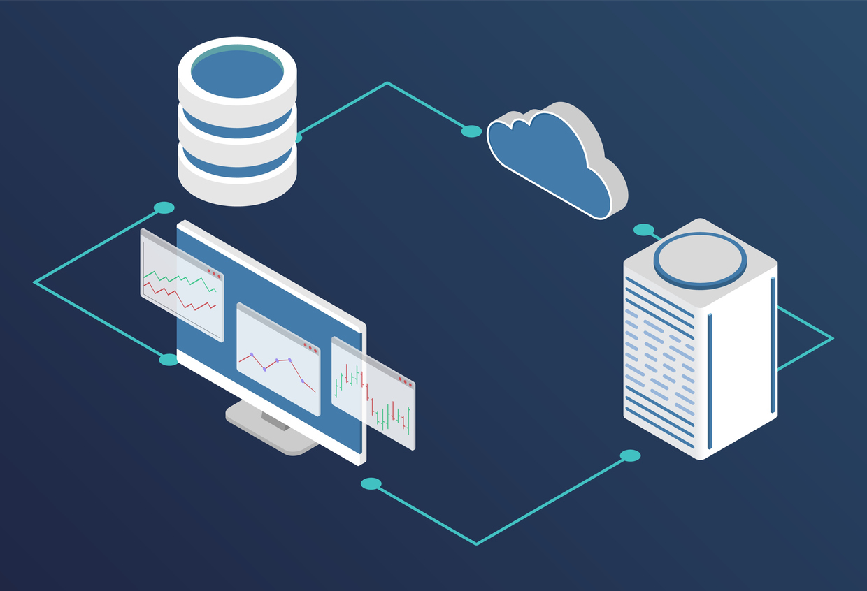 Illustration of computer connected to server and cloud