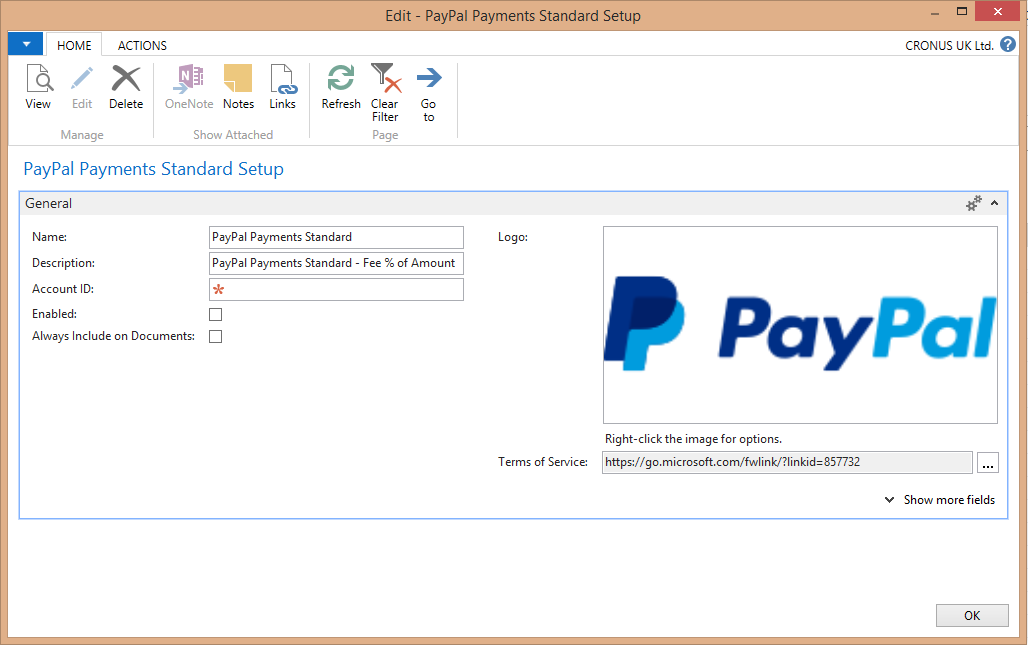 Image showing set up process of setting up PayPal for Microsoft Dynamics NAV