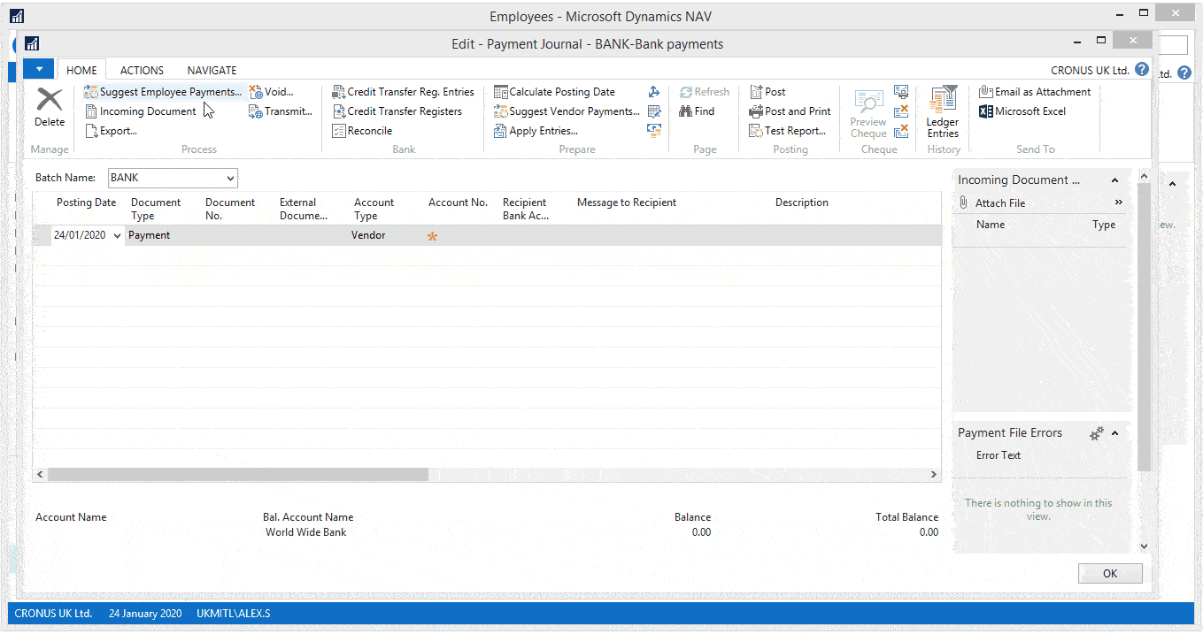 Entering data into the payment journal